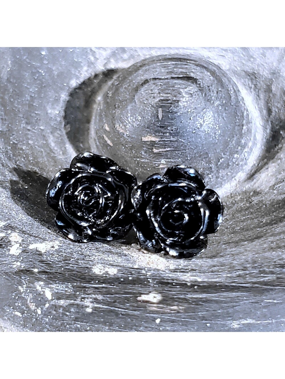 Sustainable Black Rose Flower 11mm Lucite Acrylic Stud Earrings - Picture 3 of 4